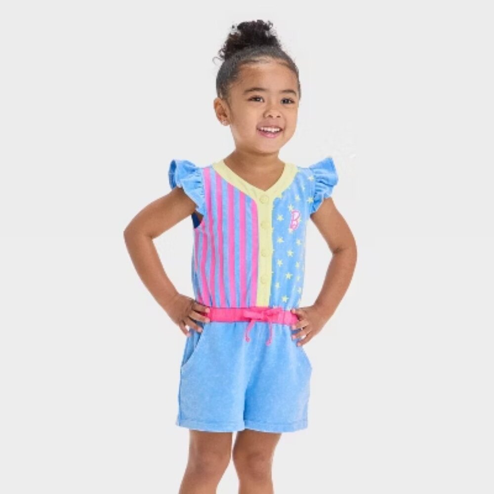 NEW Toddler Girls' Mattel Barbie Dream Closet 1990 Inspired Denim Romper Blue 4T